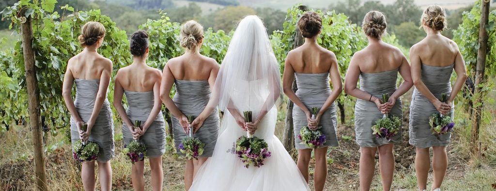 A bride in a white wedding dress stands with six bridesmaids in gray dresses, all holding bouquets in front of them.