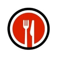 A white fork and knife silhouette inside a red circle with a black border.