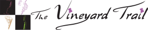 The logo for "The Vineyard Trail" features text in cursive font and four squares with abstract wine-themed graphics.
