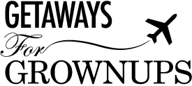 Logo text: "GETAWAYS For GROWNUPS" with a sweeping line leading to a small airplane icon.