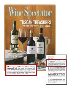 Wine Spectator magazine cover featuring three wine bottles, a glass, and reviews of Oregon Pinot Noirs.