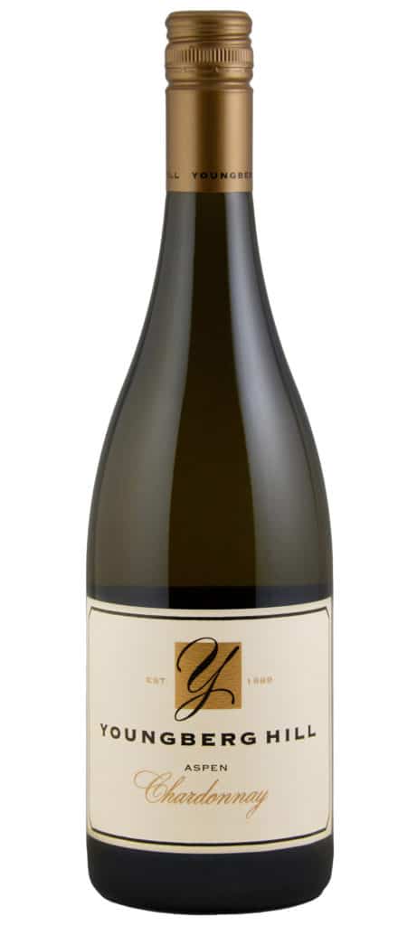 A full bottle of Youngberg Hill Estate Chardonnay wine against a white background.