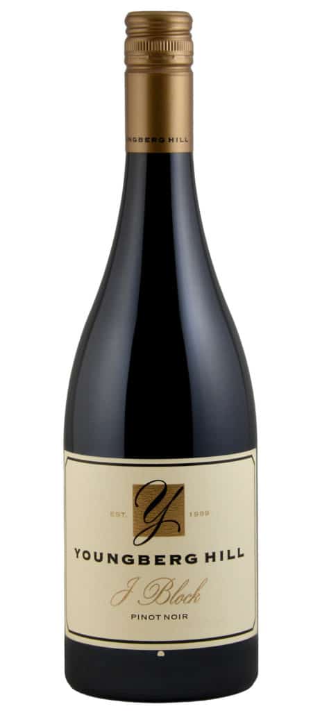 A bottle of Youngberg Hill J Block Pinot Noir wine against a white background.