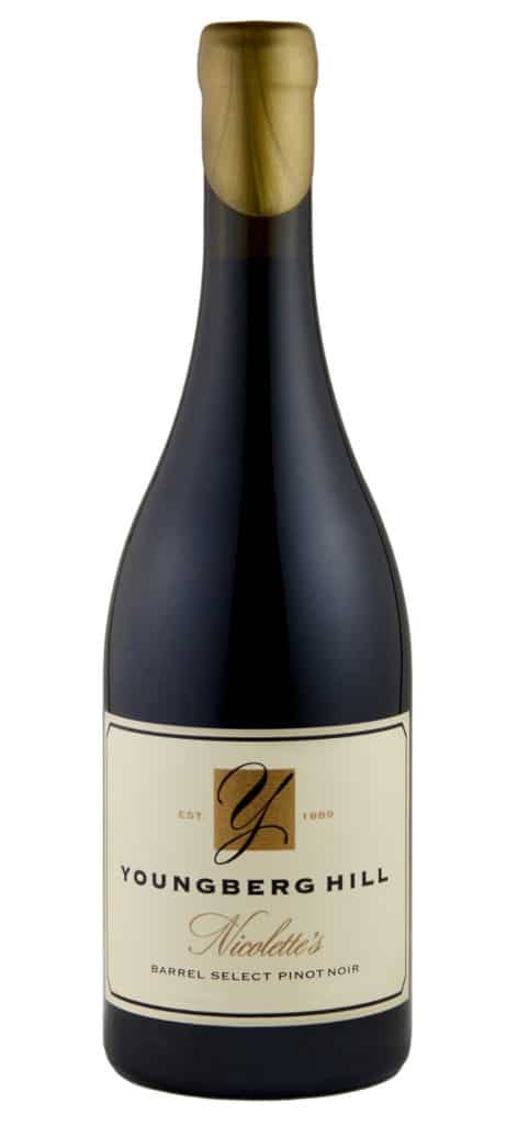 A bottle of Youngberg Hill Natasha wine with a gold capsule and off-white label.