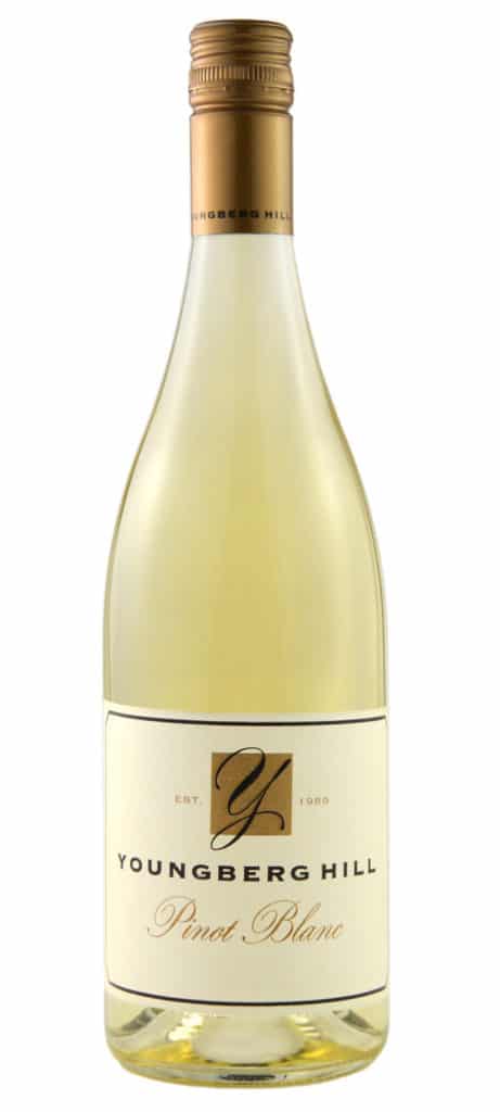 A bottle of Youngberg Hill Pinot Blanc white wine against a plain white background.