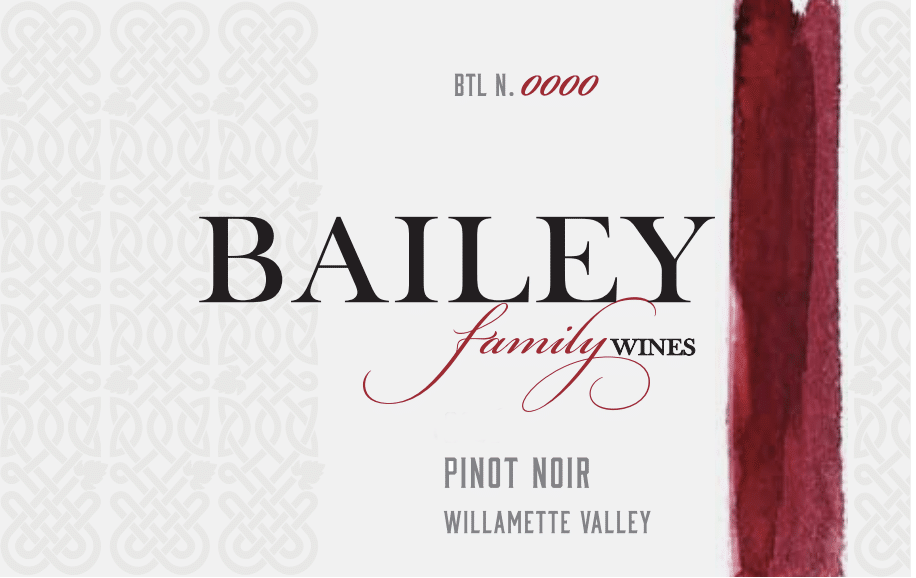 A Bailey Family Wines Pinot Noir wine label featuring a wine-colored brushstroke and an ornate, pale grey pattern.