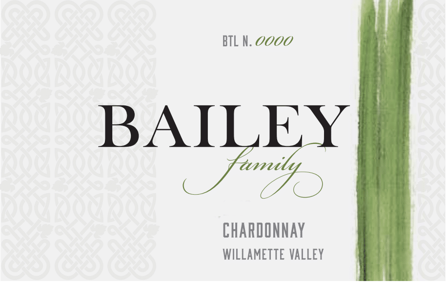 A Bailey Family Chardonnay wine label with Celtic knot patterns and a green painted brushstroke.